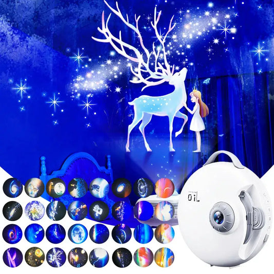 White circular decorbites galaxy starry projector night light with handle displaying glowing blue deer and starry night scene