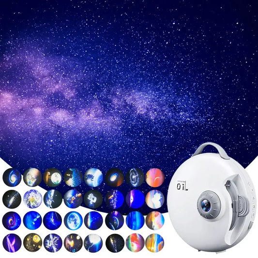 White circular galaxy star projector night light with handle and digital display for bedroom decor by decorbites