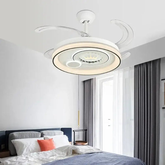 White circular remote control ceiling fan with integrated led lighting and translucent blades decorbites dimmable smart bedroom