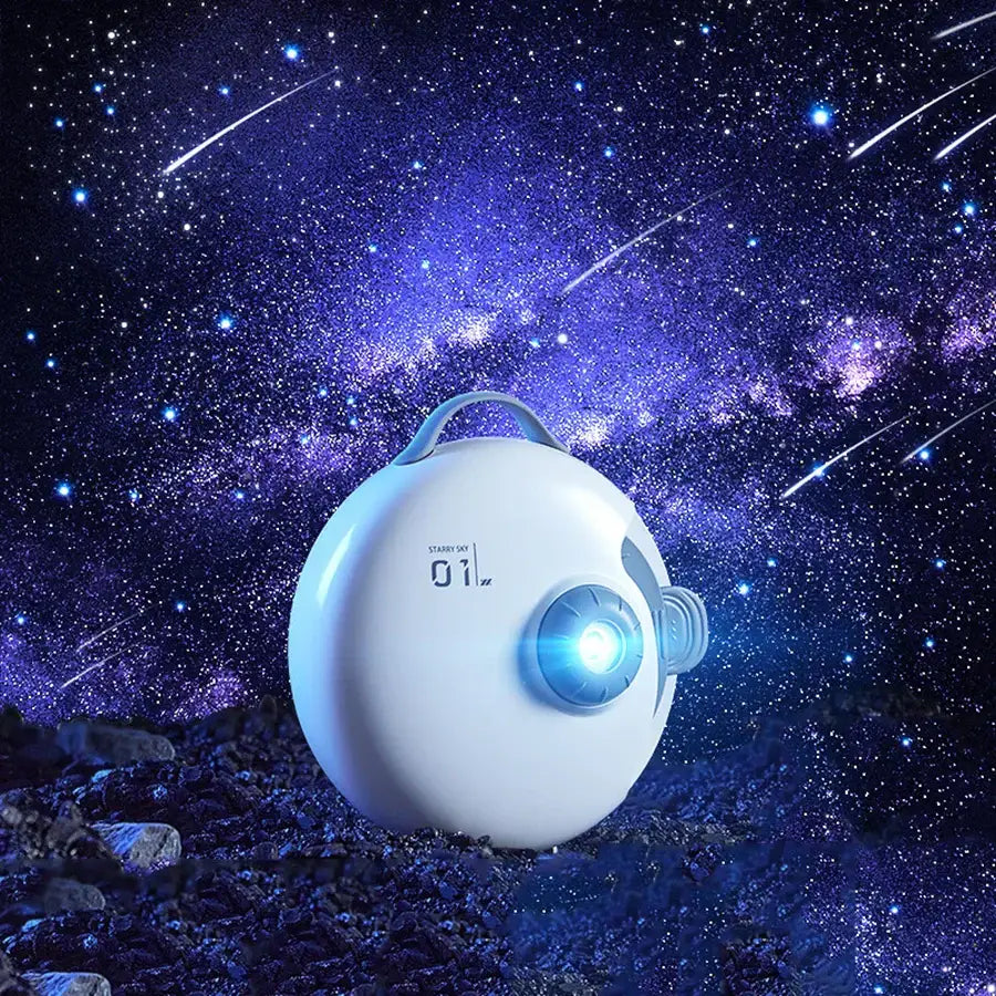White circular starry night light projector with glowing blue light handle for bedroom deer decor and night light use