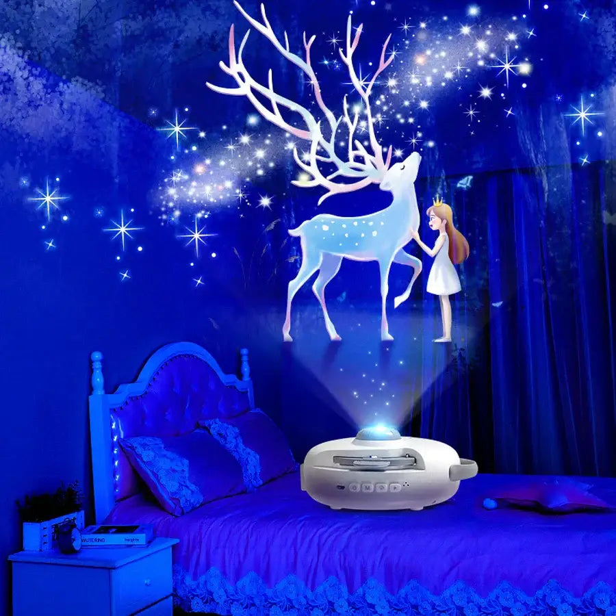 White circular starry night light projector casts a glowing blue and white deer with starry antlers for bedroom decor