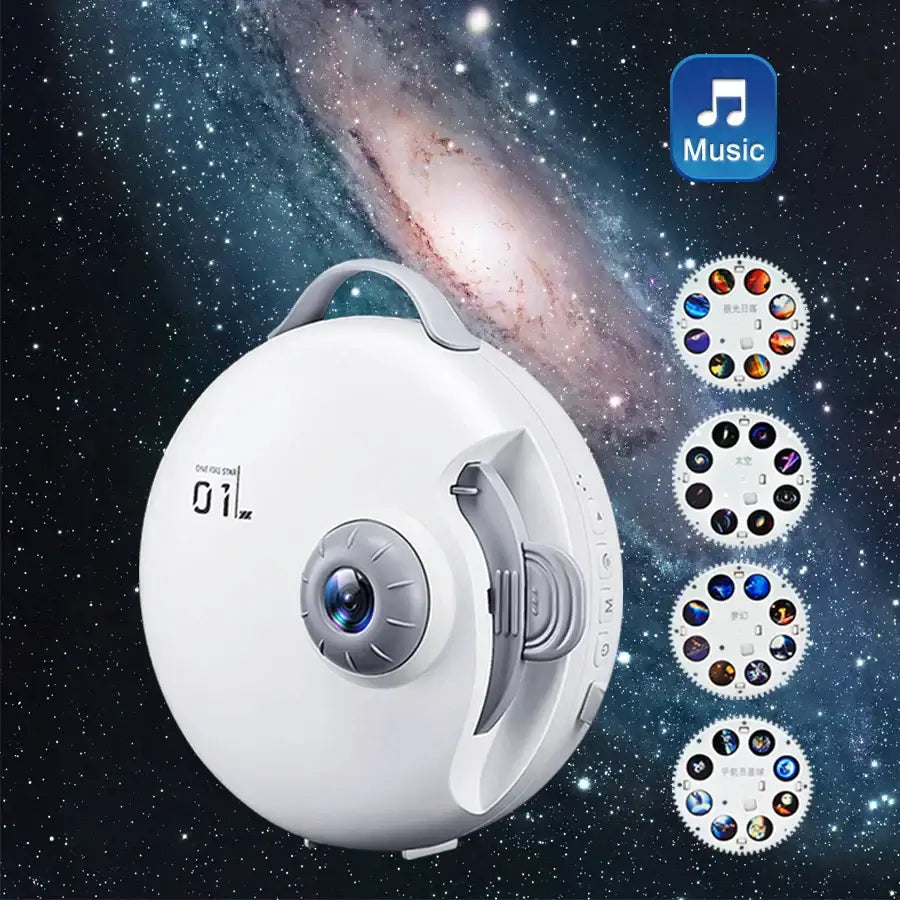 White circular starry night light projector with gray accents, handle, lens, and side buttons for bedroom deer decor
