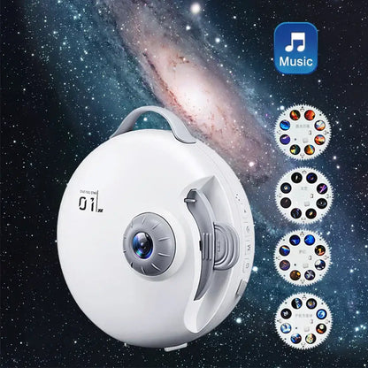 White circular starry night light projector with gray accents, handle, lens, and side buttons for bedroom deer decor