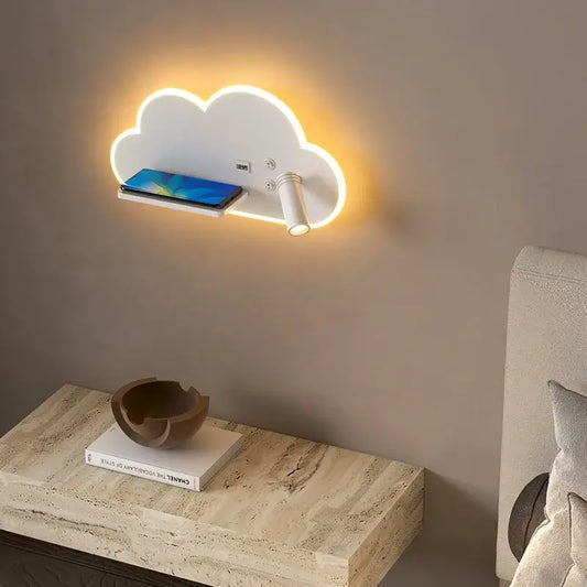 White cloud led bed lamp with wireless phone charging features adjustable spotlight and integrated shelf for bedroom decorbites led bed