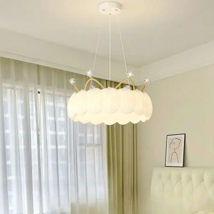 Delicate white cloud led crown small chandelier with gold accents and crystal embellishments for bedroom lighting