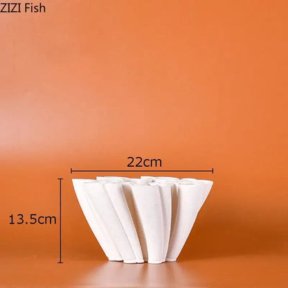 White coral ceramic vase plant with fluted petal-like ridges ideal for living room floral decor and vase plant pots
