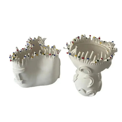 White coral shapes ceramic flower pot vase with textured surface and colorful pins for living room decor