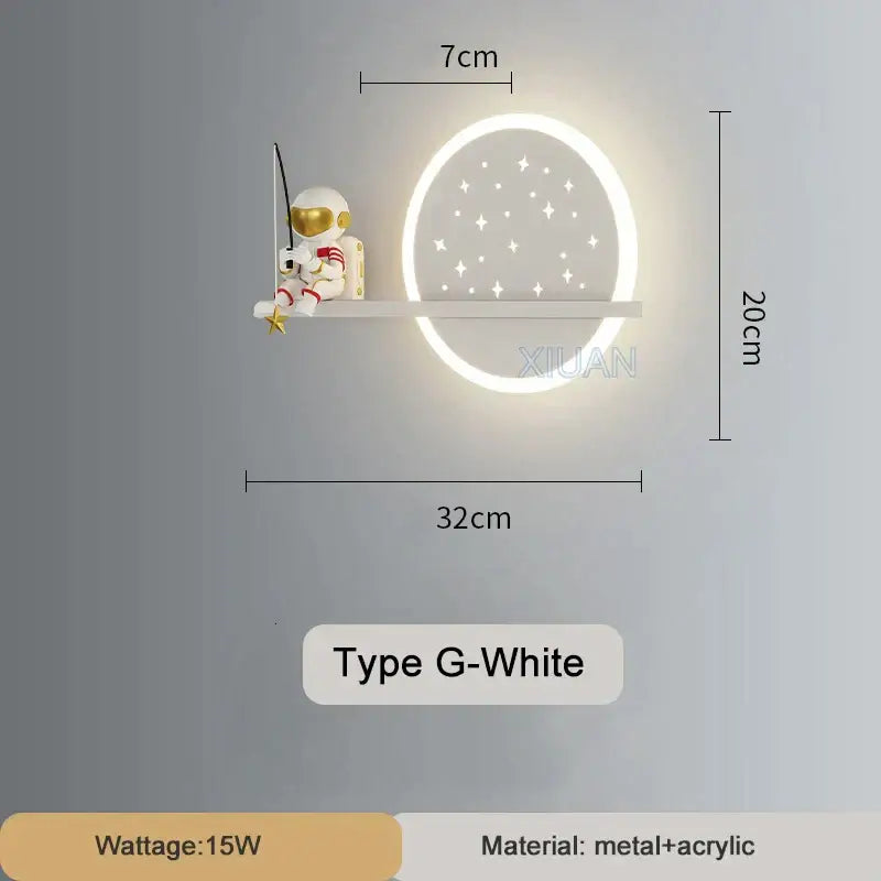 White circular wall lamp with starry design and astronaut figurine on shelf decorbites astronaut wall lamp for bedroom