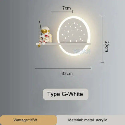 White circular wall lamp with starry design and astronaut figurine on shelf decorbites astronaut wall lamp for bedroom