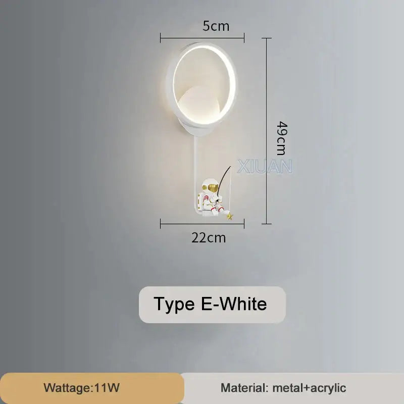 White crescent astronaut wall lamp with sleek metal and acrylic design featuring astronaut charm for starlight bedroom decor