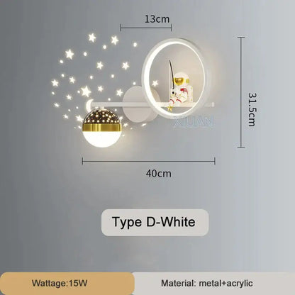 White and gold crescent astronaut wall lamp with circular light, star-shaped LEDs, and spherical globe accent for starlight decor