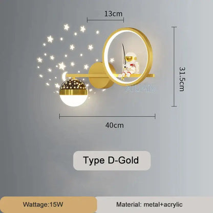 White crescent astronaut wall lamp decor featuring gold metal sconce, acrylic mirror, and starry illuminated light fixture