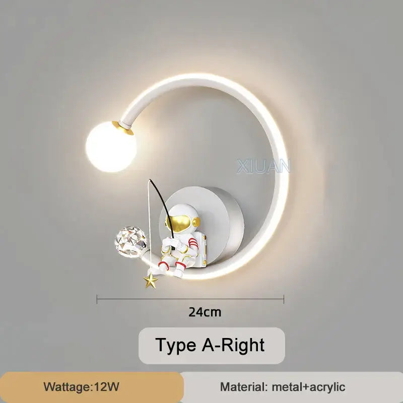 White and gold decorbites astronaut wall lamp with red accents holding fishing rod with crystal lure and starfish for bedroom decor