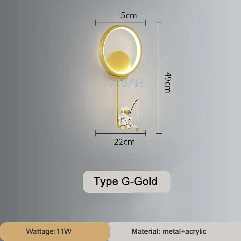 Gold-finished modern wall lamp with circular light and astronaut charm for white crescent astronaut wall lamp decorbites astronaut wall