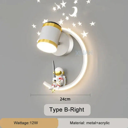 White crescent astronaut wall lamp with seated figurine made of metal and acrylic for bedroom starlight decorbites decorbites astronaut wall