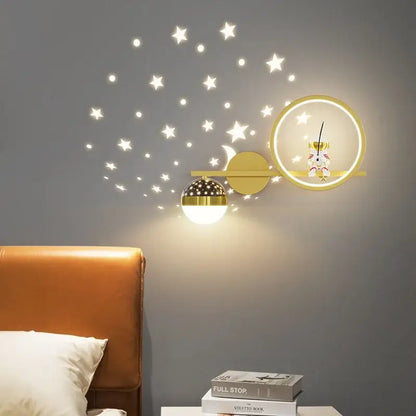 Gold-toned wall lamp with spherical globe and illuminated crescent moon decorbites astronaut wall lamp for bedroom decor