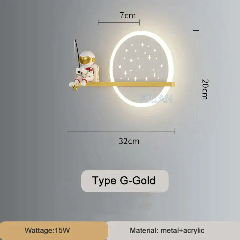 Gold-toned decorbites astronaut wall lamp perched on minimalist white crescent wall lamp with illuminated starry design