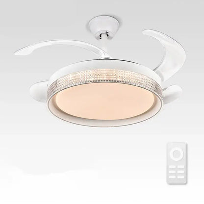 White ceiling fan with integrated lighting and crystal-encrusted trim in a decorbites invisible chandelier led design
