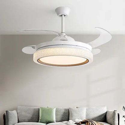 White ceiling fan with integrated lighting and curved blades in decorbites invisible chandelier led for living room decor