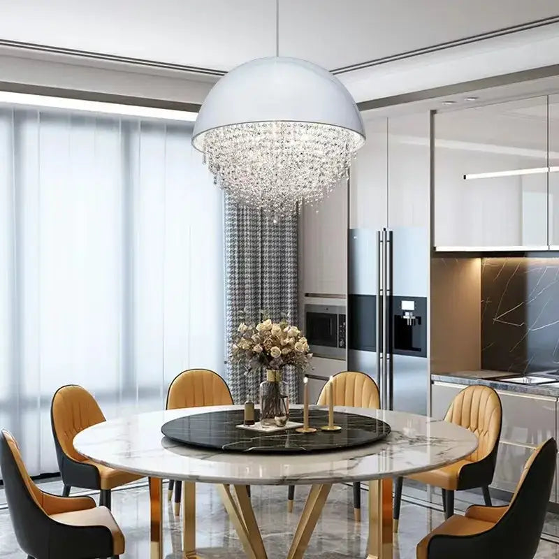 White crystal tassel iron chandelier with a sleek white dome and cascading crystals for luxury living room decorbites decor