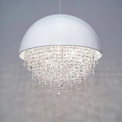 White dome-shaped pendant light with cascading crystal beads in decorbites crystal tassel iron chandelier design for luxury living room decor