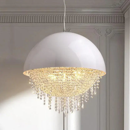 White crystal tassel iron chandelier with dome shape crystal-encrusted lower half and teardrop crystals for luxury decorbites lighting