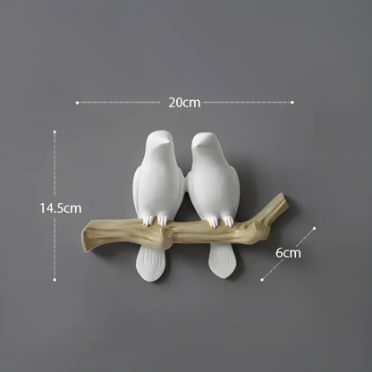 White ceramic decorbites bird resin wall decor with two stylized doves on a wood branch bird resin hanger