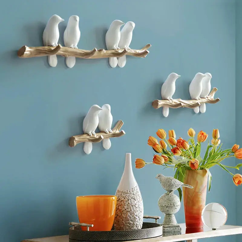 White decorbites bird resin hanger kitchen hook featuring white ceramic birds on gold finished wood branch shelves