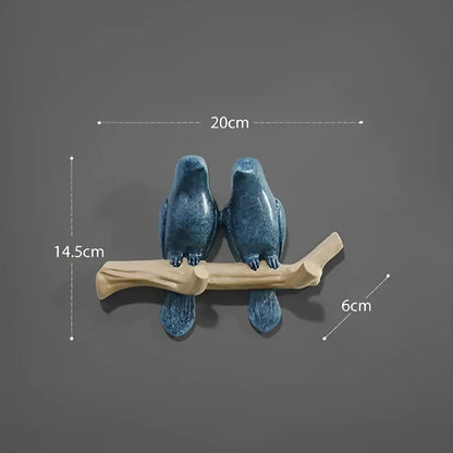 Blue ceramic decorbites bird resin hanger featuring a pair perched on light wood branch for kitchen hook use