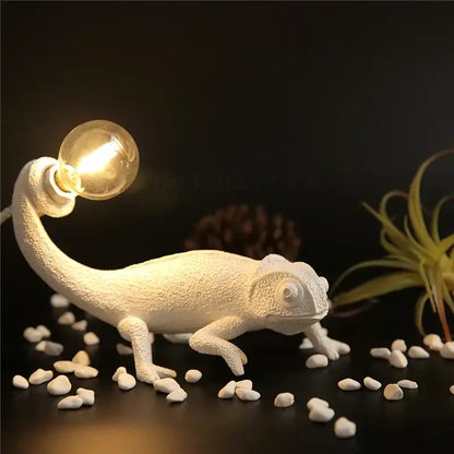 White decorbites chameleon figure resin wall lamp with glowing bulb on back for bedroom night light use