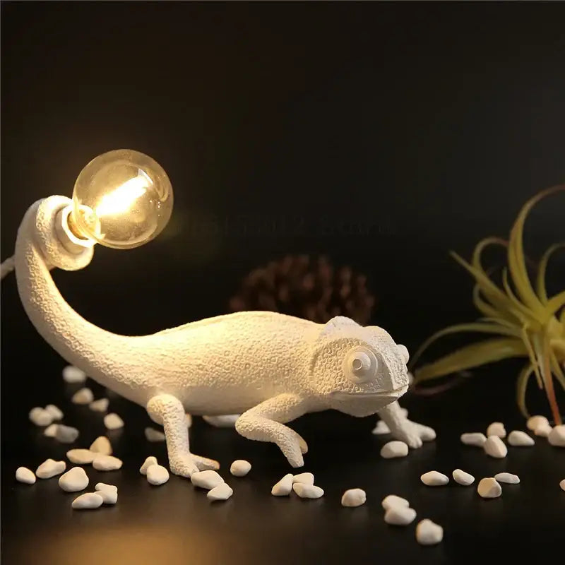 White decorbites chameleon figure resin wall lamp with glowing bulb on back for bedroom night light use