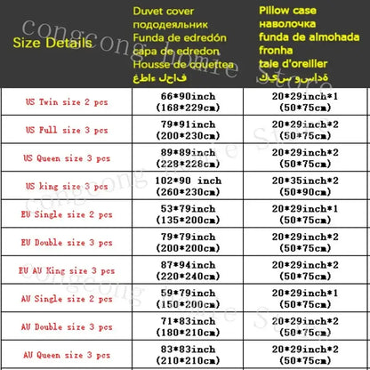 Size chart for white diamond pinch pleated duvet cover set showing dimensions in inches and centimeters for various bed sizes