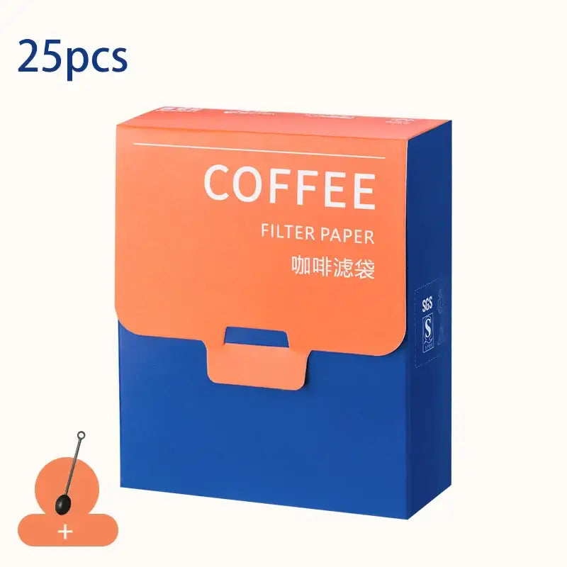 A vibrant orange and blue box of 25 white disposable decorbites coffee filter bags for kitchen pour over setup