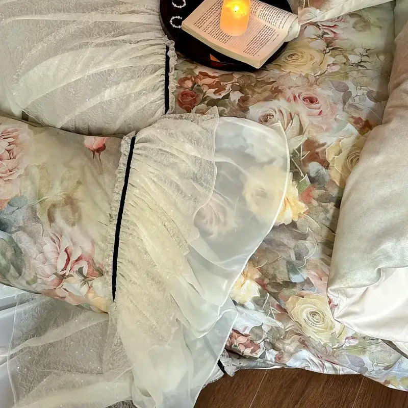 White double lace ruffles on sheer cotton bedding set trim with black stitched edge for elegant bedroom decor