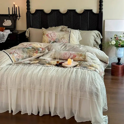 White double lace ruffles bedding set featuring a delicate layered lace bed skirt with ruffled hemline in egyptian cotton