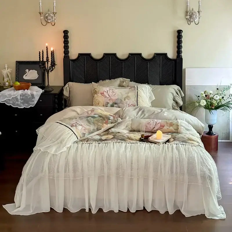 White double lace ruffles bedding set with delicate sheer ruffled bed skirt in egyptian cotton for bedroom use
