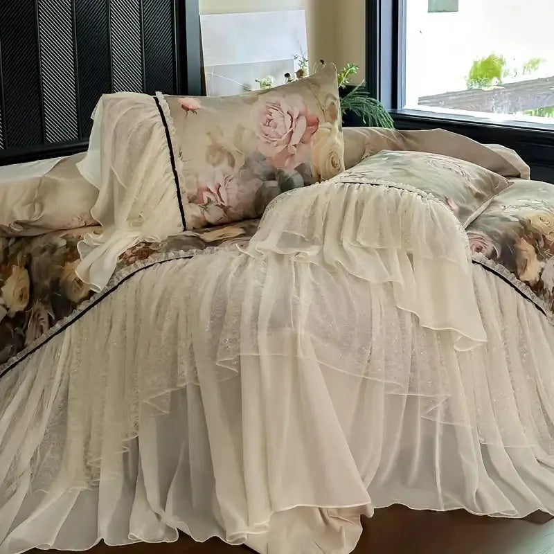 Cream-colored double lace ruffles bedding set with layered ruffled Egyptian cotton and floral embroidery black trim
