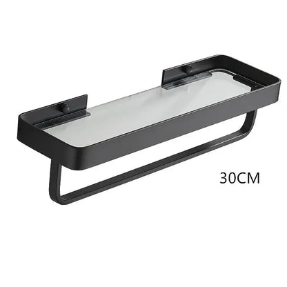 Black metal towel rack with clear glass top shelf in white double tier glass corner shelf for bathroom use