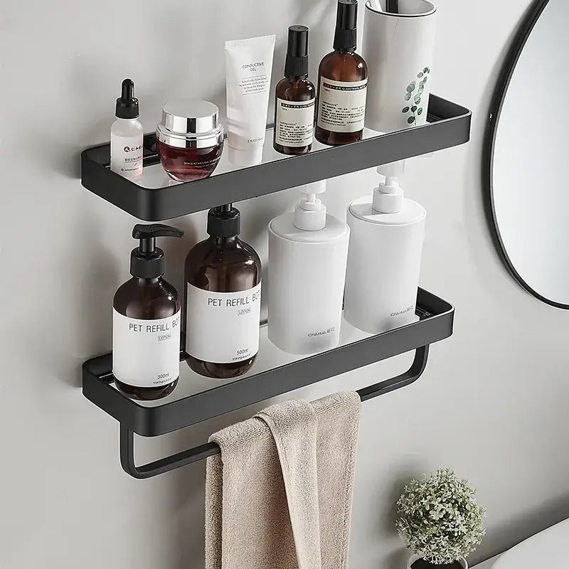 Black metal two-tier bathroom corner shelf with glass shelves and towel rack for kitchen storage and organization
