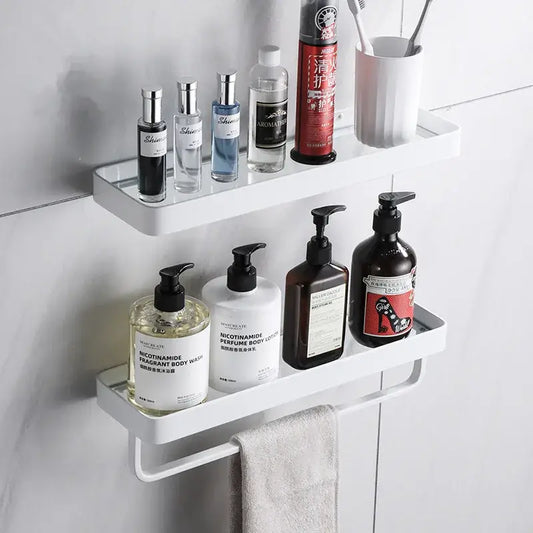 White double tier glass corner shelf with integrated towel bar for bathroom use and durable glass corner design