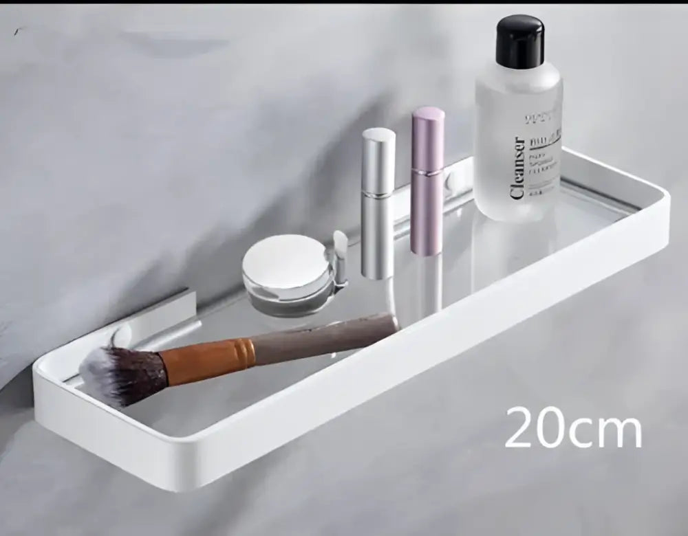 White double tier glass corner shelf with clear glass surface and towel bar for bathroom wall mounting