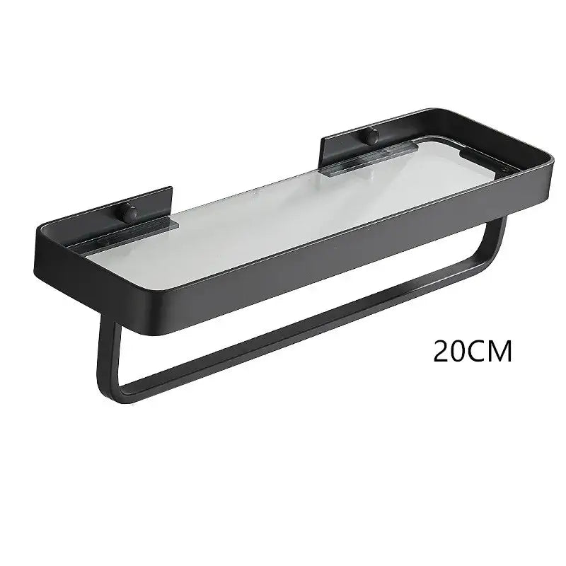 Black metal towel rack with clear glass corner shelf for bathroom white double tier glass corner shelf with towel bar