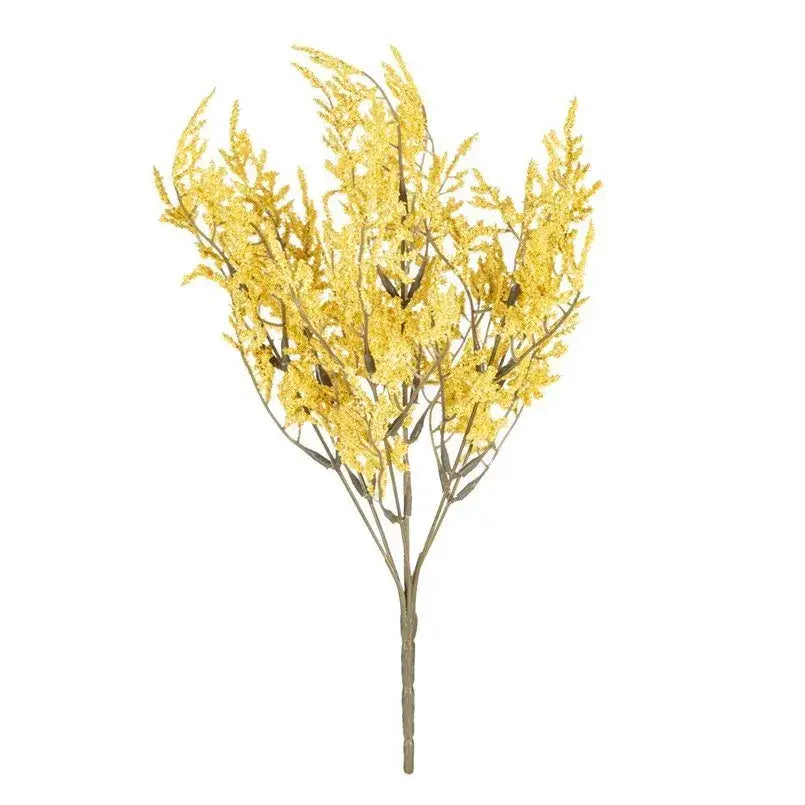A vibrant golden-yellow artificial breath lavender bouquet with delicate feathery blooms in a white paper box vase