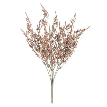 A delicate white dried breath lavender bouquet with rose gold seed heads in a paper box vase for living room decor
