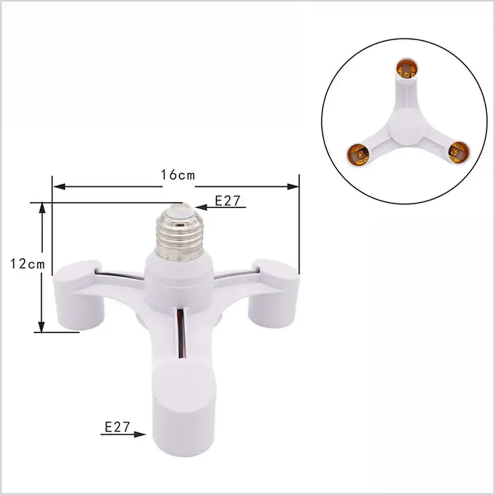 White plastic e27 lamp holder 3-way converter pack with gold-colored socket ends for living room lighting