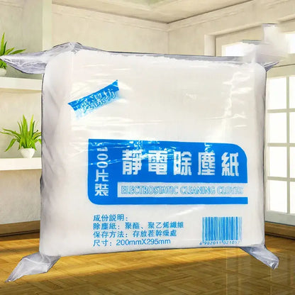 A package of white electrostatic kitchen cleaning cloths sealed with blue decorbites kitchen cleaning labeling 100 pack
