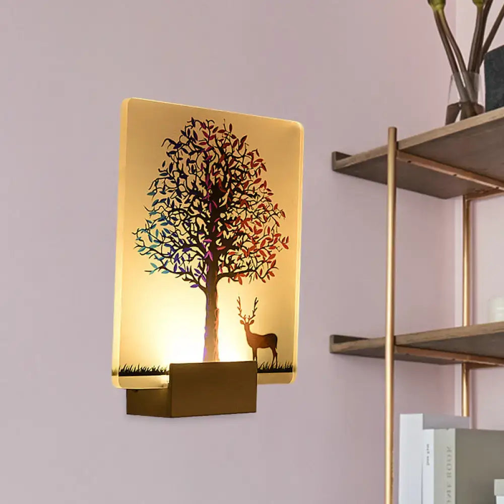 White elk tree led wall sconce with warm glow featuring elk tree design on translucent glass for living room use