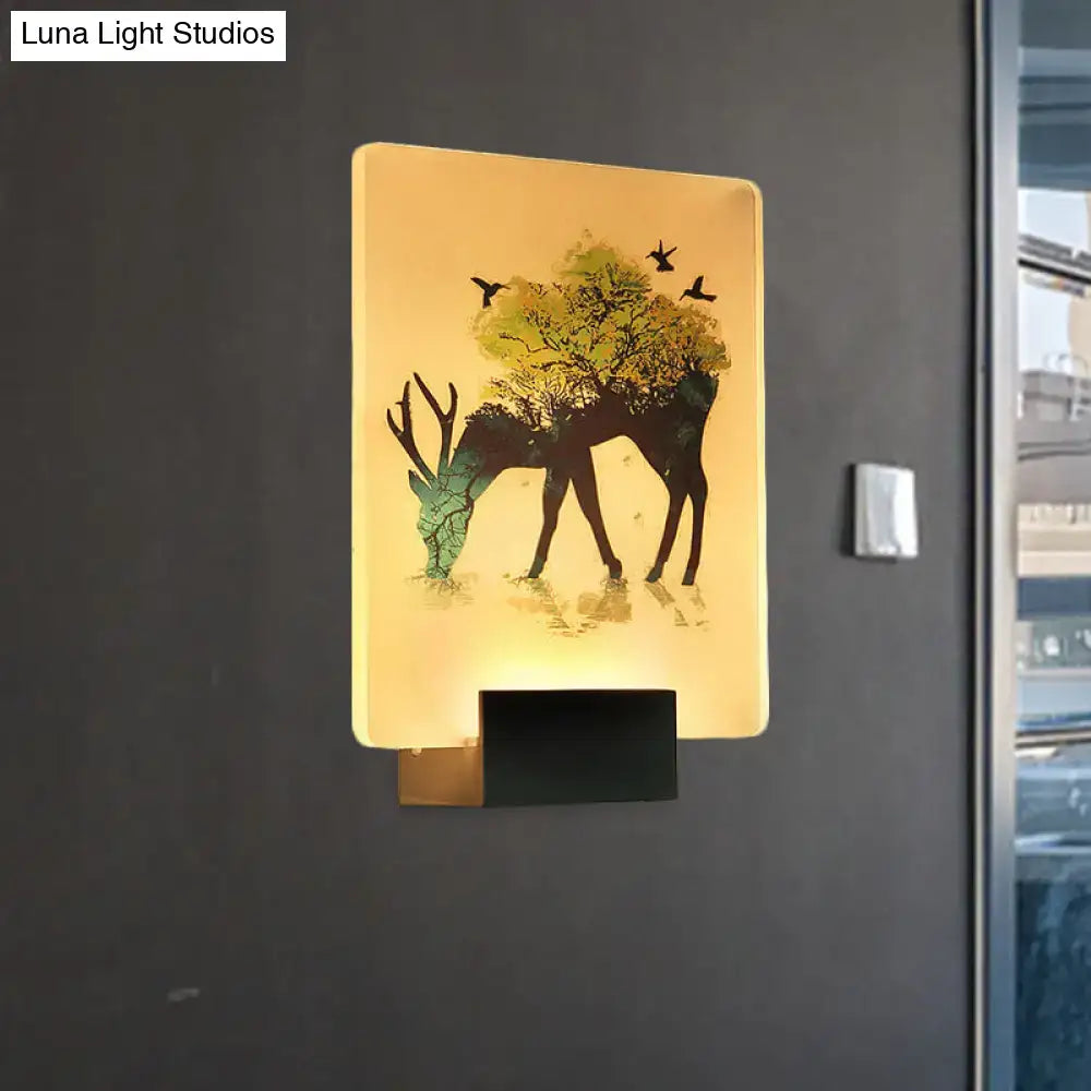 White elk tree led wall sconce with warm-toned deer silhouette and integrated bird design for living room lighting