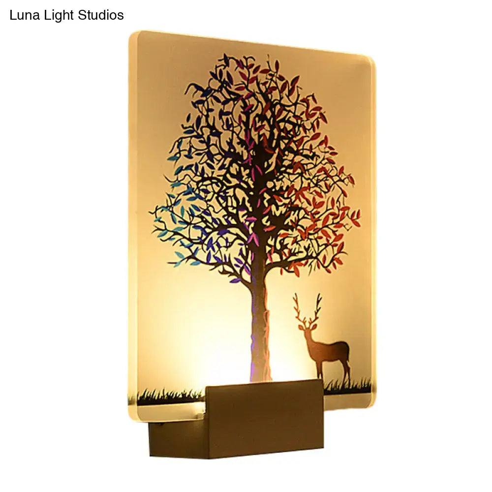 White elk tree led wall sconce with colorful tree and deer silhouette on warm amber background for living room lighting