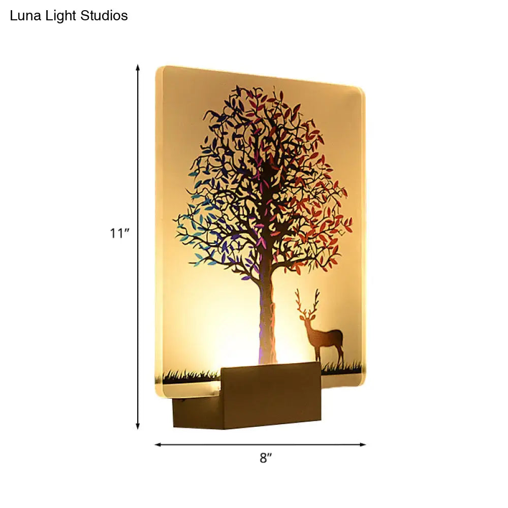 A warm-toned white elk tree led wall sconce with a colorful tree and deer silhouette for living room lighting
